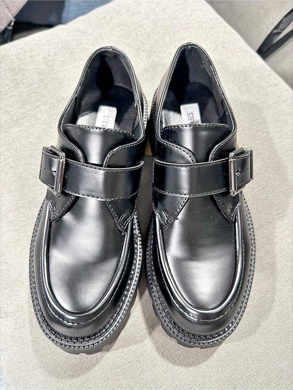 Steve Madden Henna Black Platform Lug Sole Buckle Loafers